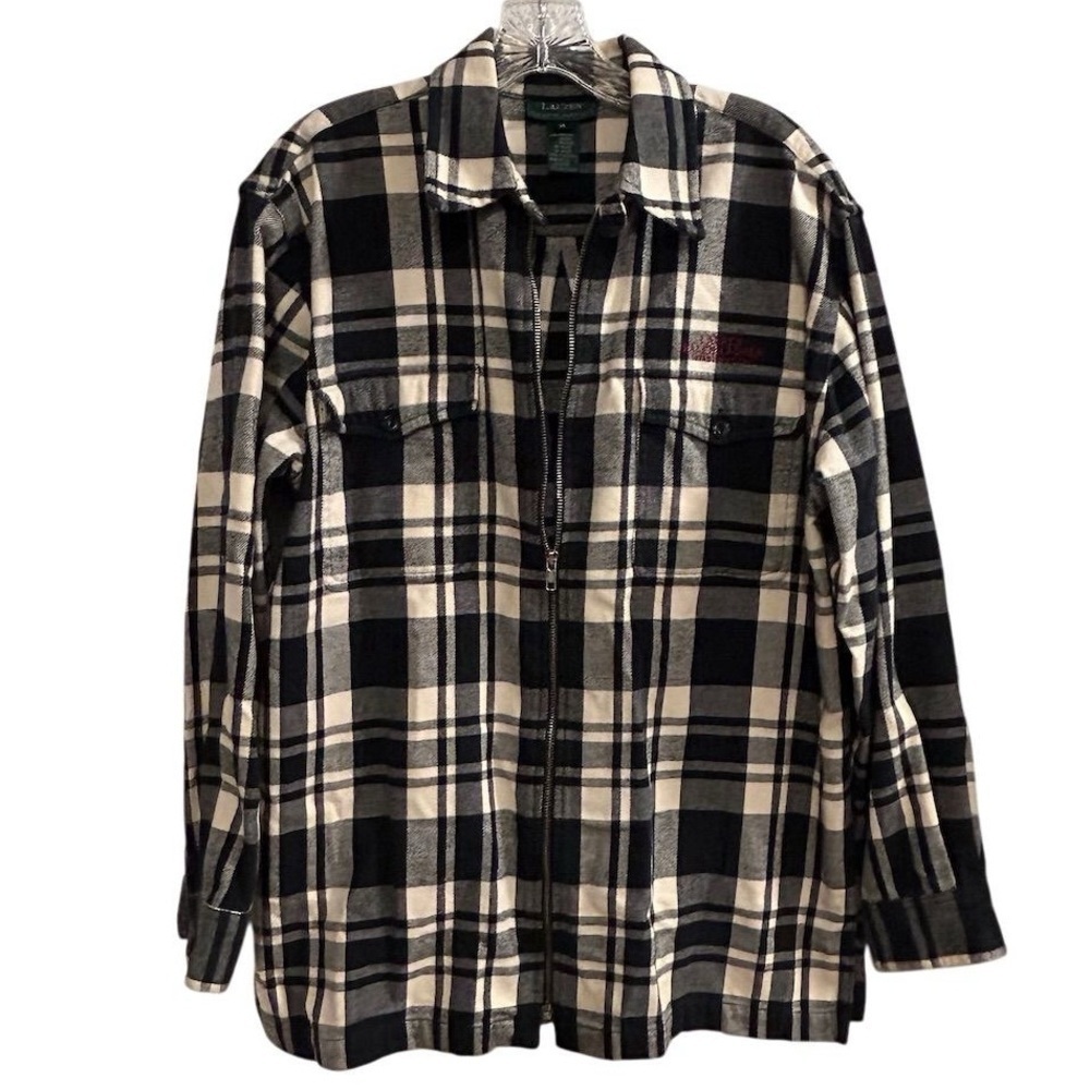 Lauren Ralph Lauren Women’s M Black‎ and White Plaid Flannel Full Zip Jacket